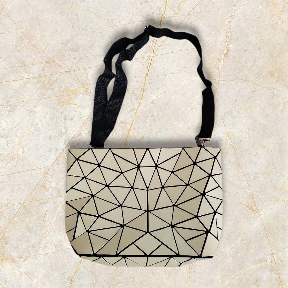 Geometric Folding Triangles Crossbody Bag – Glossy Beige Triangular Panels - Picture 3 of 8